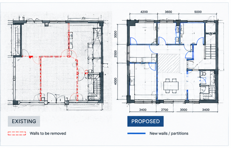 Illustrative existing and proposed floor plans showing removed walls and new partitions