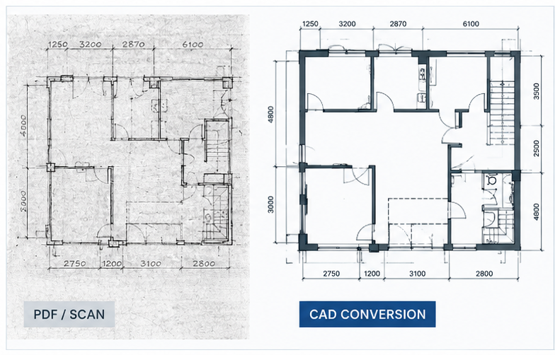 Illustrative comparison of a scanned floor plan and its dimensioned 2D CAD conversion