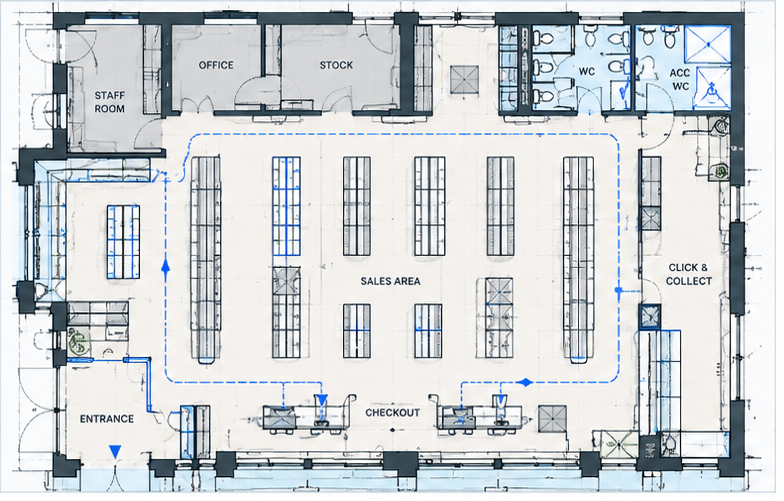Illustrative retail layout showing sales fixtures, checkouts, staff rooms and circulation routes